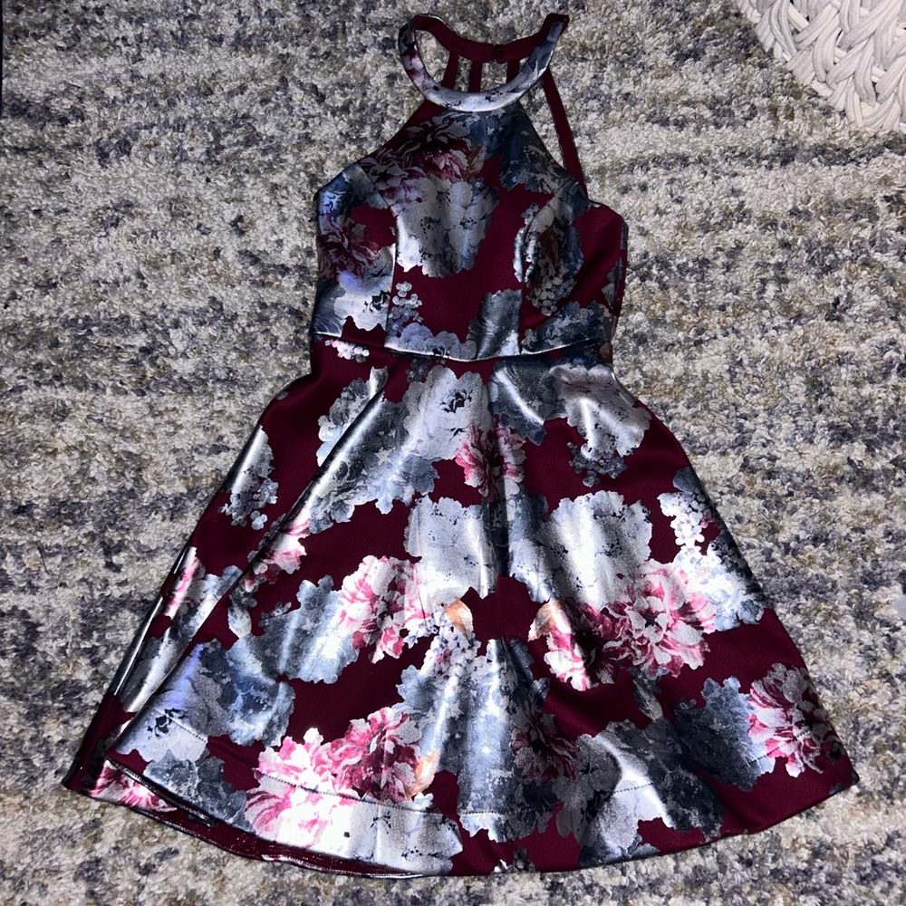 Sequin Hearts Burgundy and Silver Floral Dress